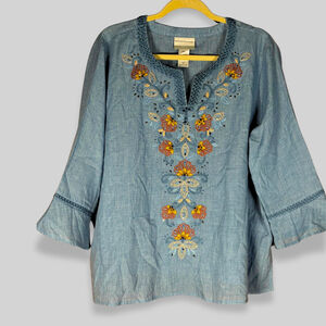 Alfred Dunner Missy Scottsdale Top Embroidered Scroll Woven Chambray Blue W PXL